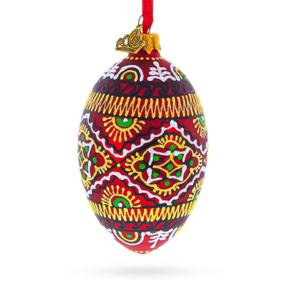 Red Geometric Ukrainian Egg Glass Christmas Ornament 4 Inches