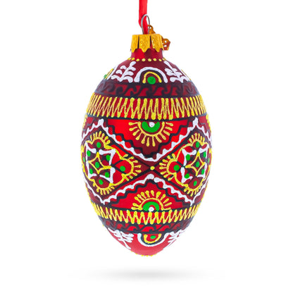 Red Geometric Ukrainian Egg Glass Christmas Ornament 4 Inches