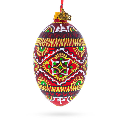 Red Geometric Ukrainian Egg Glass Christmas Ornament 4 Inches