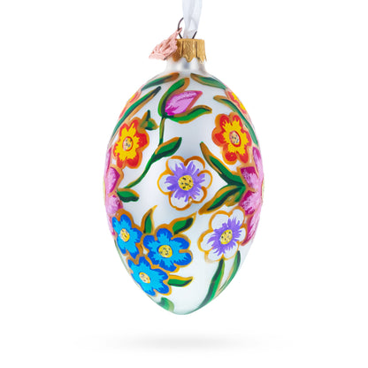 Colorful Flowers Glass Egg Ornament 4 Inches