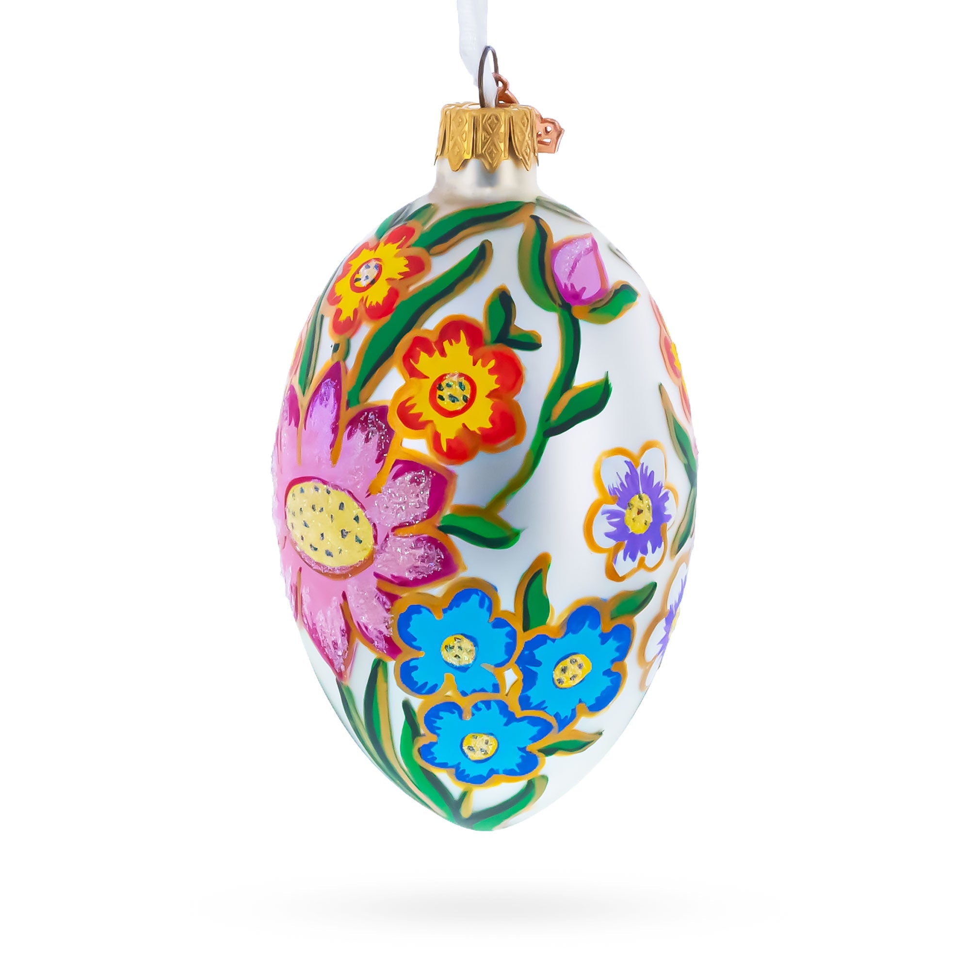 Colorful Flowers Glass Egg Ornament 4 Inches
