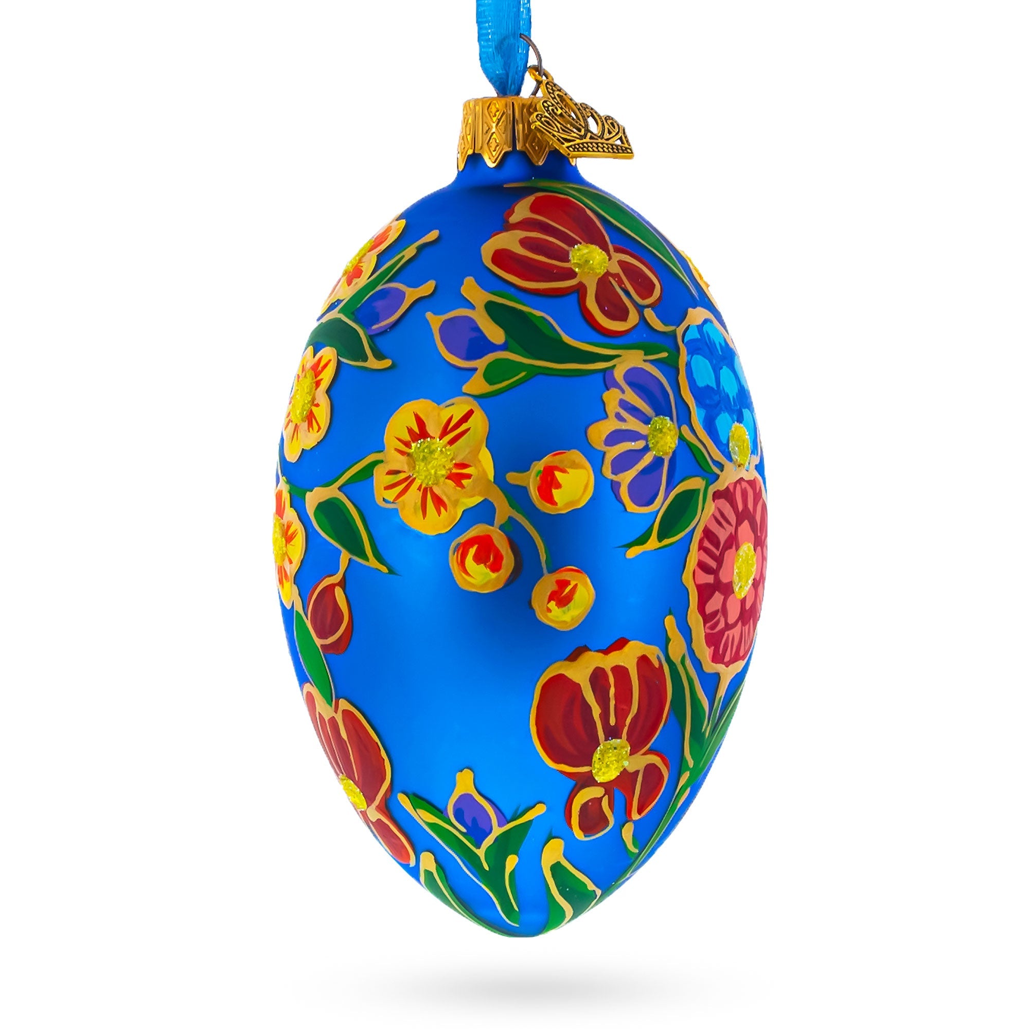 Colorful Flowers on Blue Glass Egg Ornament 4 Inches
