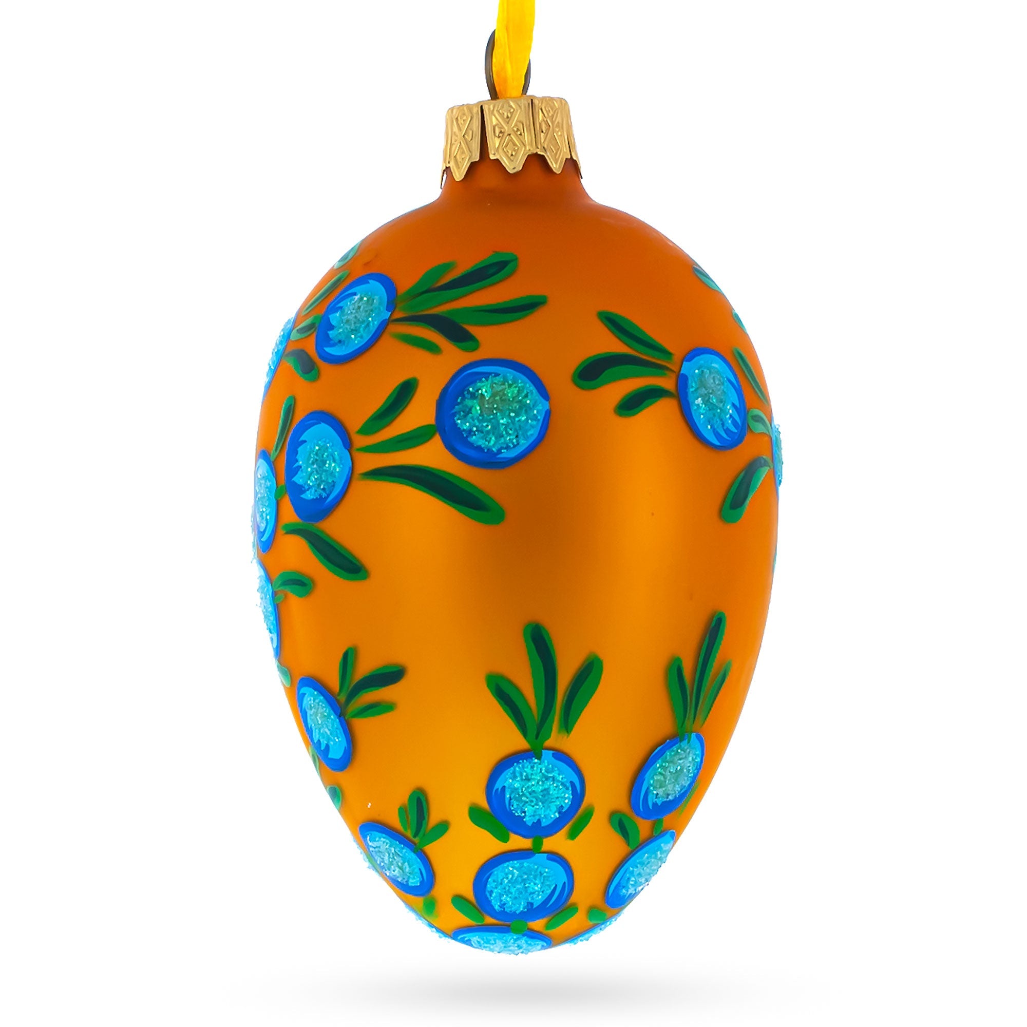 Blue Flowers on Orange Glass Egg Ornament 4 Inches