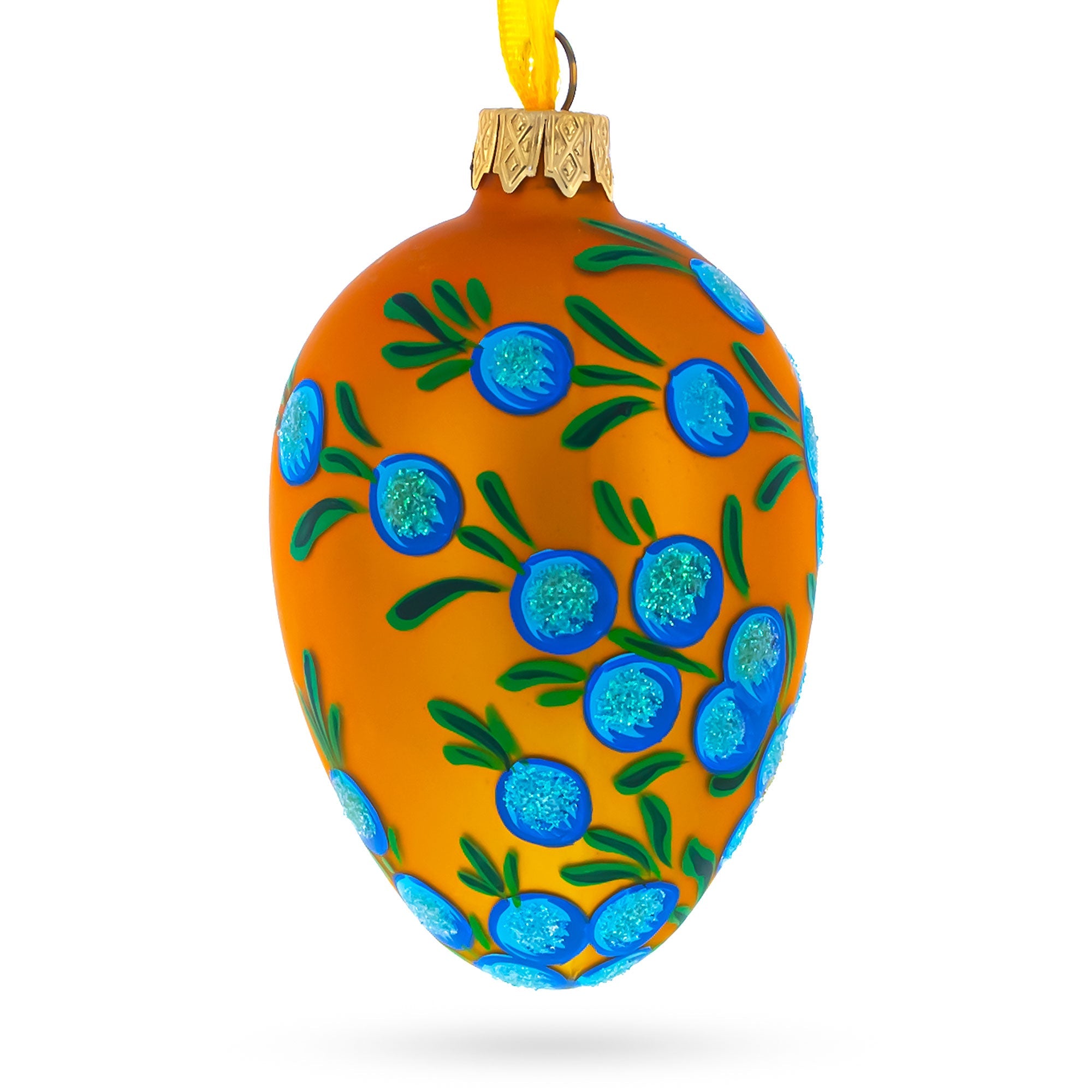 Blue Flowers on Orange Glass Egg Ornament 4 Inches