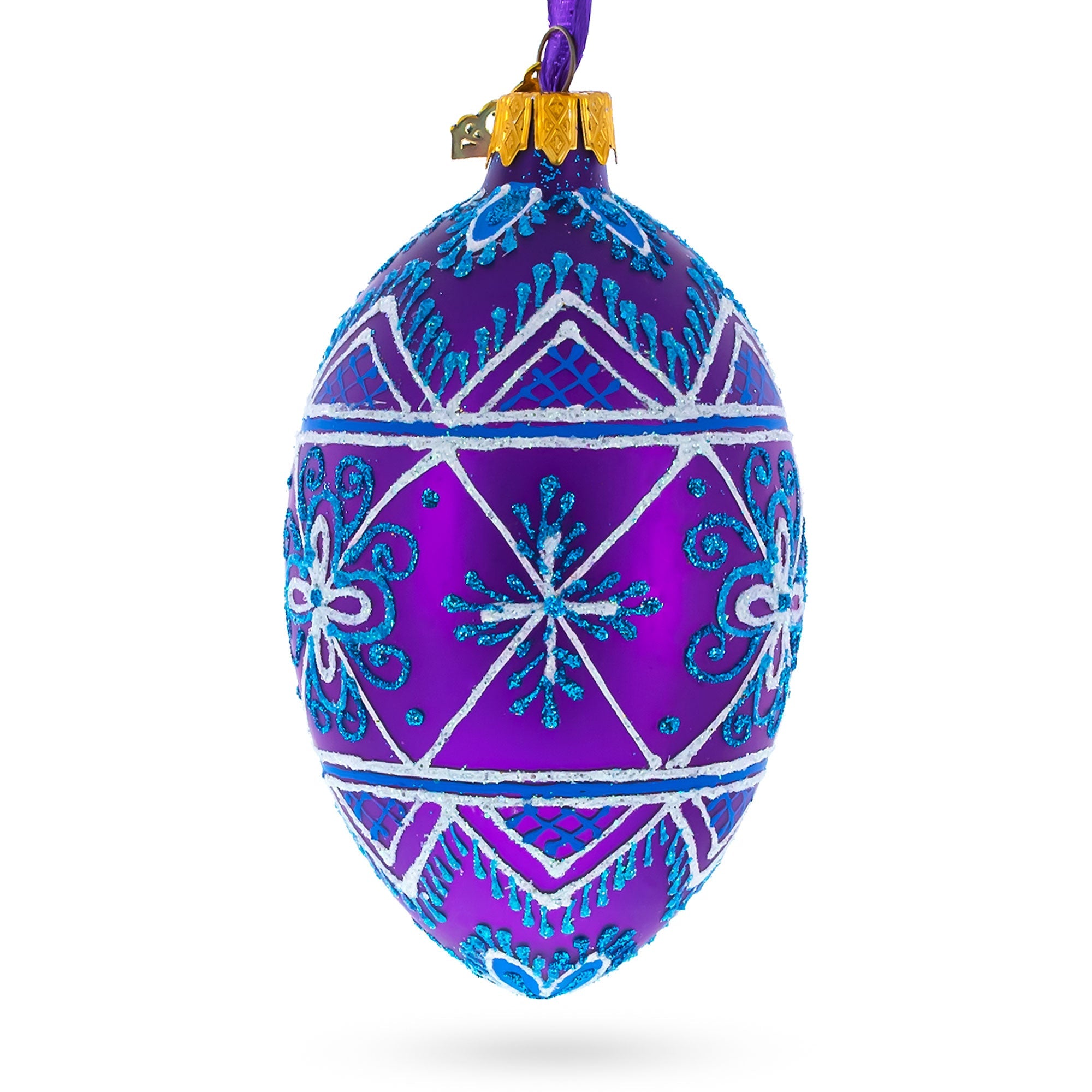 White Stars on Purple Glass Egg Ornament 4 Inches
