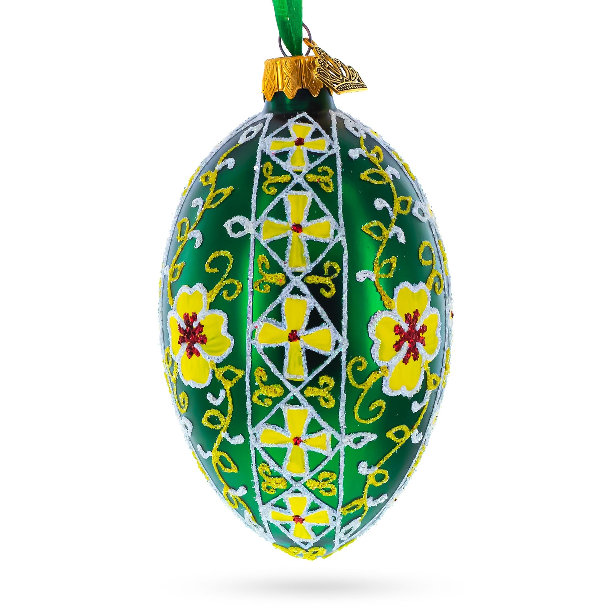 Gold Crosses on Green Ukrainian Glass Egg Ornament 4 Inches