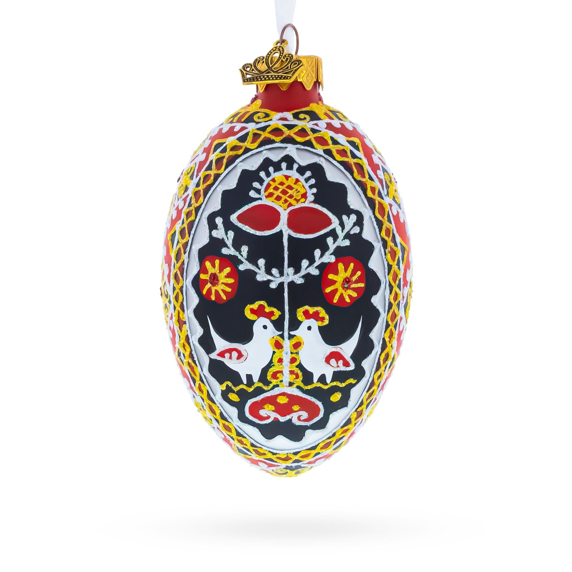 Two Roosters Ukrainian Glass Egg Ornament 4 Inches