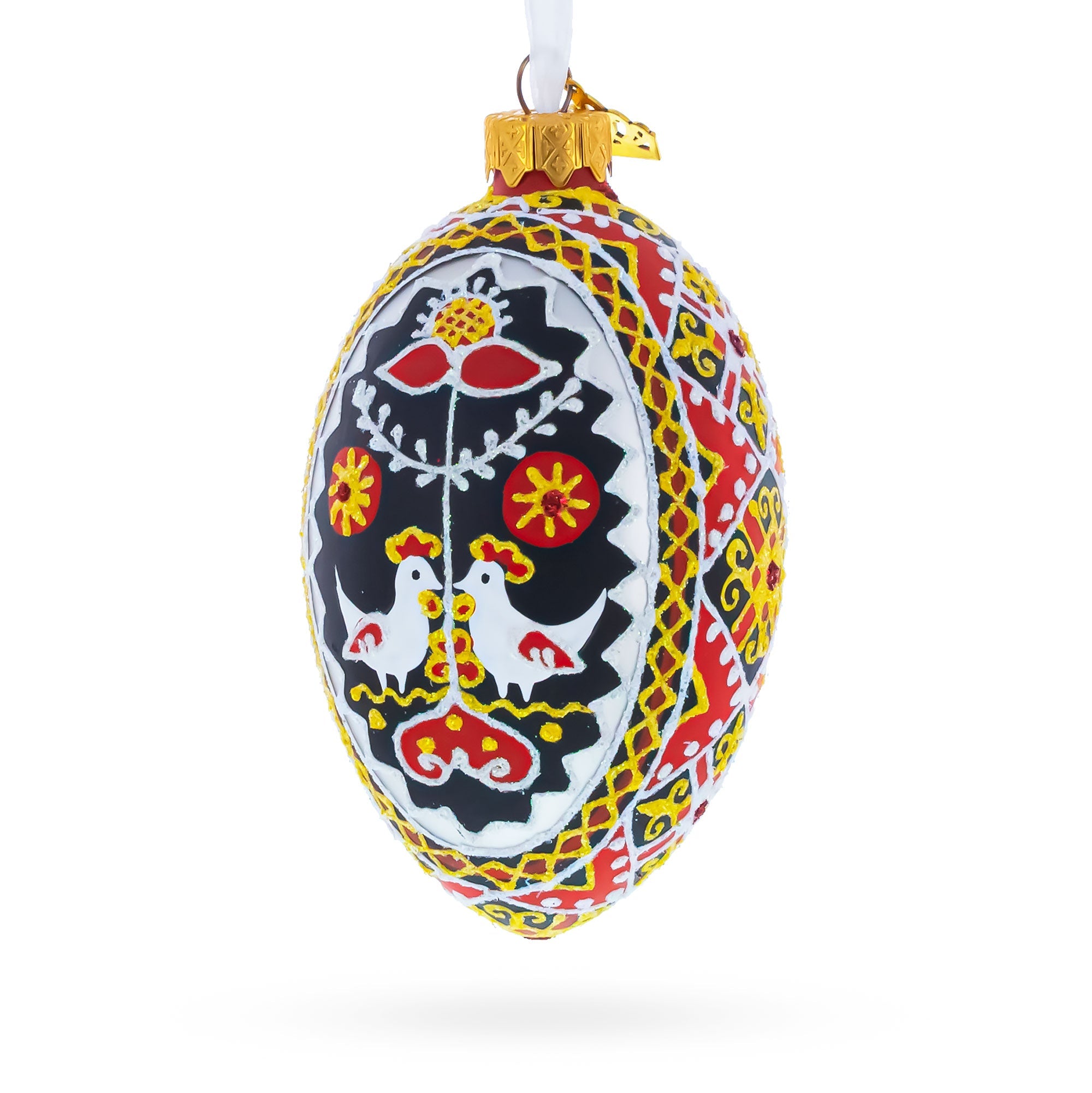 Two Roosters Ukrainian Glass Egg Ornament 4 Inches