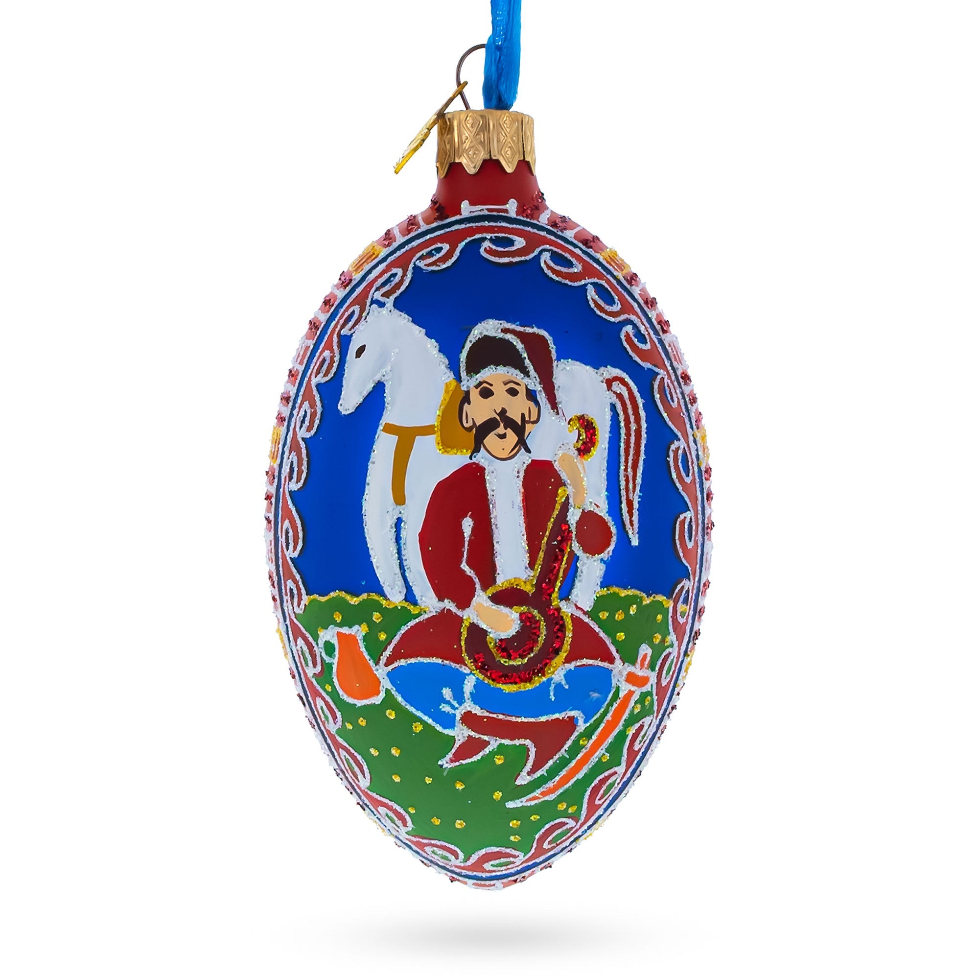Kozak with Kobza Ukrainian Glass Egg Ornament 4 Inches BestPysanky