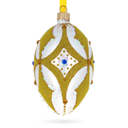 Golden Rhombus On White Glass Egg Ornament 4 Inches
