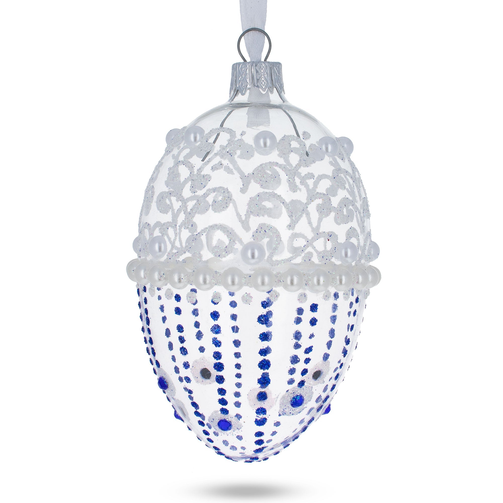Pearls on Frosted Glass Egg Ornament 4 Inches