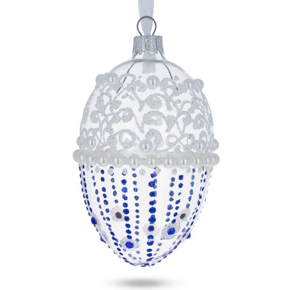 Pearls on Frosted Glass Egg Ornament 4 Inches