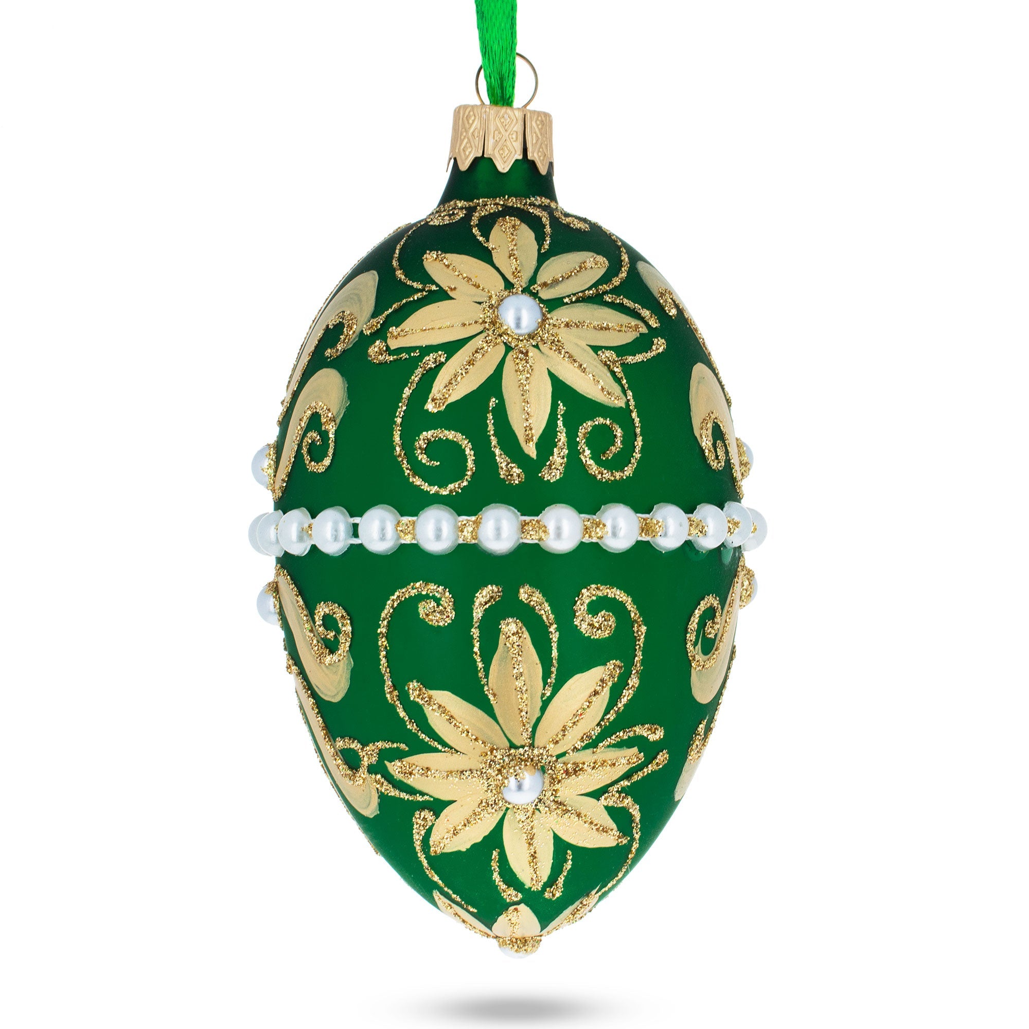 Beaded Center & Golden Flowers On Green Glass Egg Ornament 4 Inches BestPysanky
