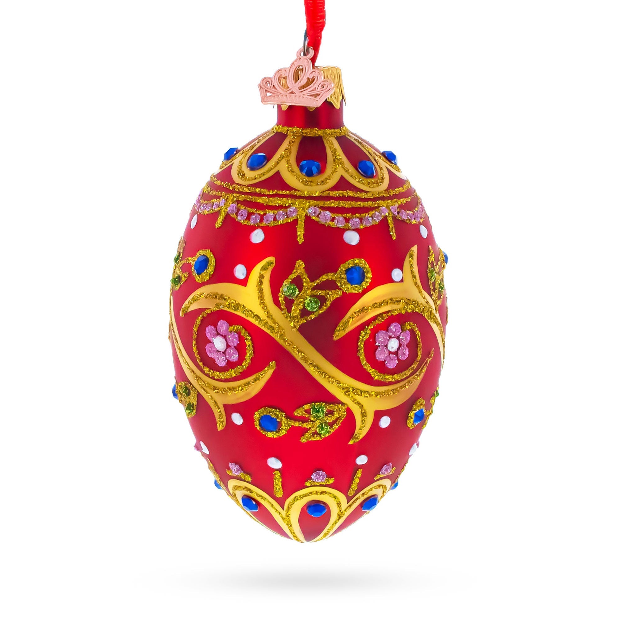 Blue Jewels On Red Glass Egg Ornament 4 Inches