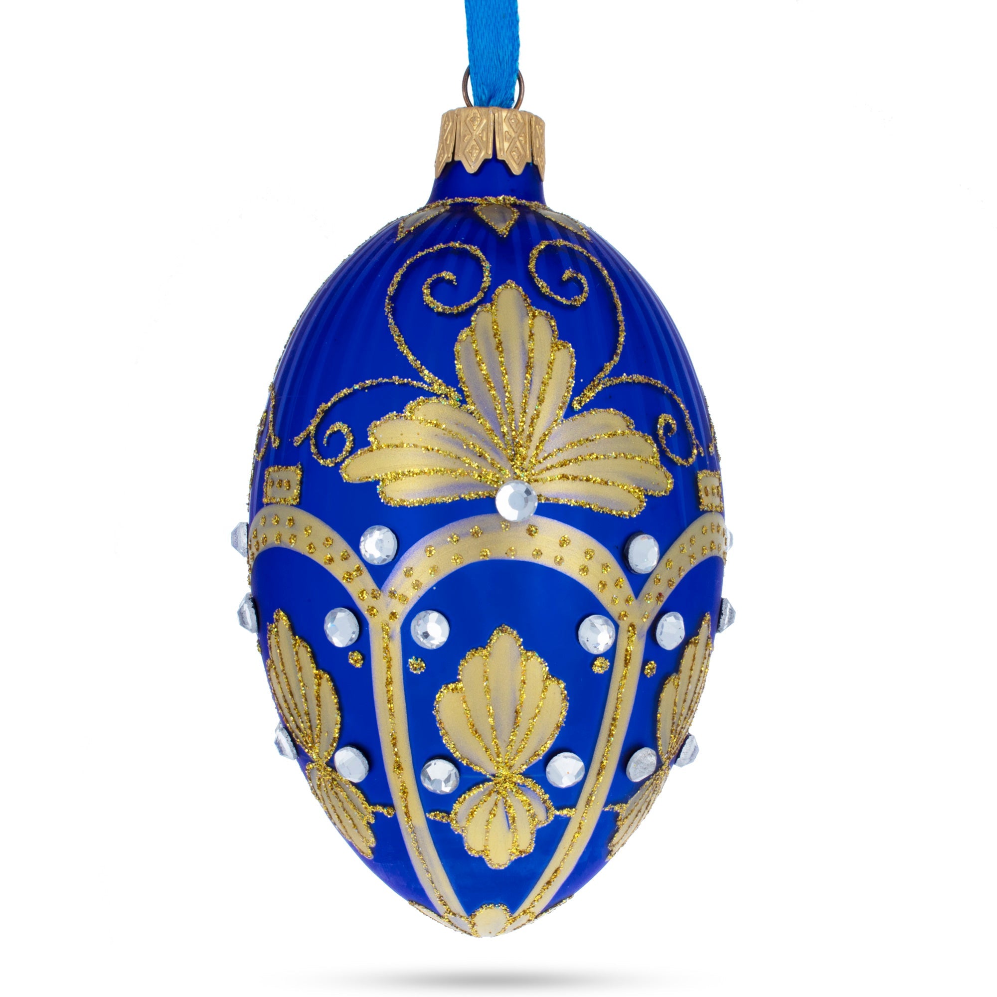 Golden Pearls on Blue Guilloche Glass Egg Christmas Ornament 4 Inches