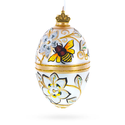 Bee On Flowers Glass Egg Ornament 4 Inches