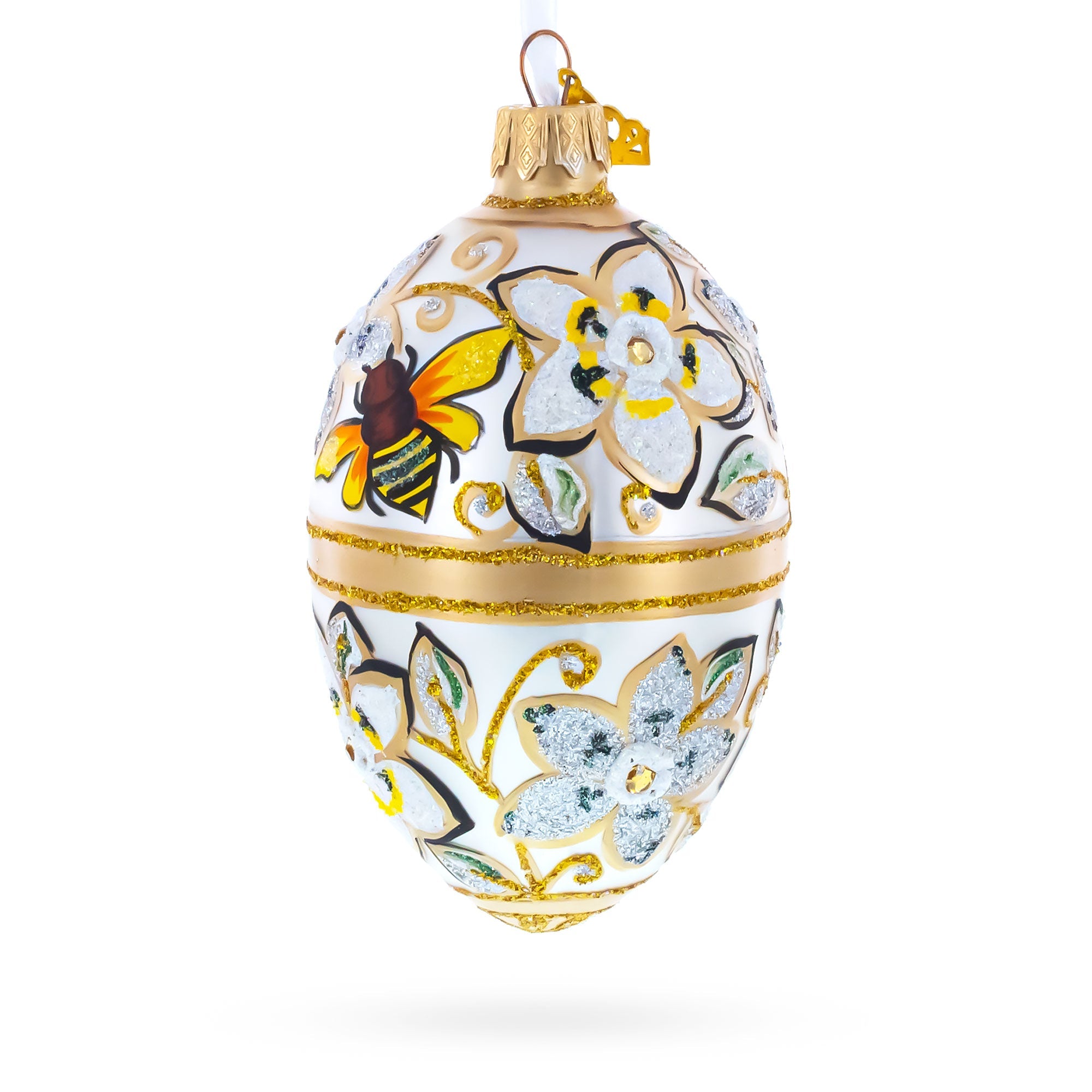 Bee On Flowers Glass Egg Ornament 4 Inches