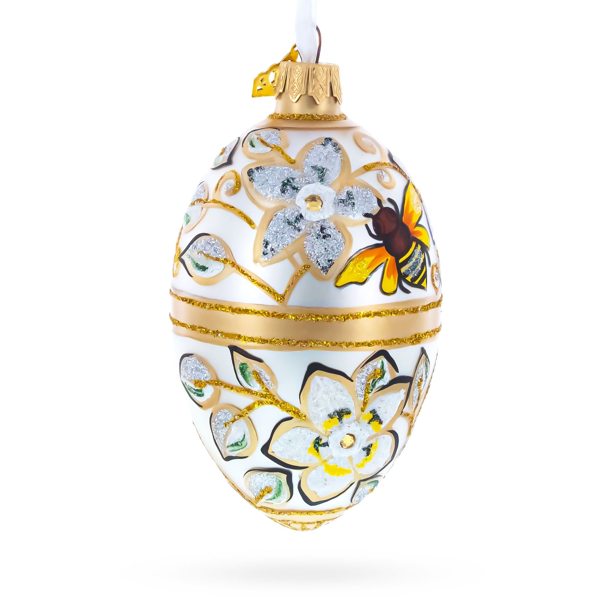 Bee On Flowers Glass Egg Ornament 4 Inches