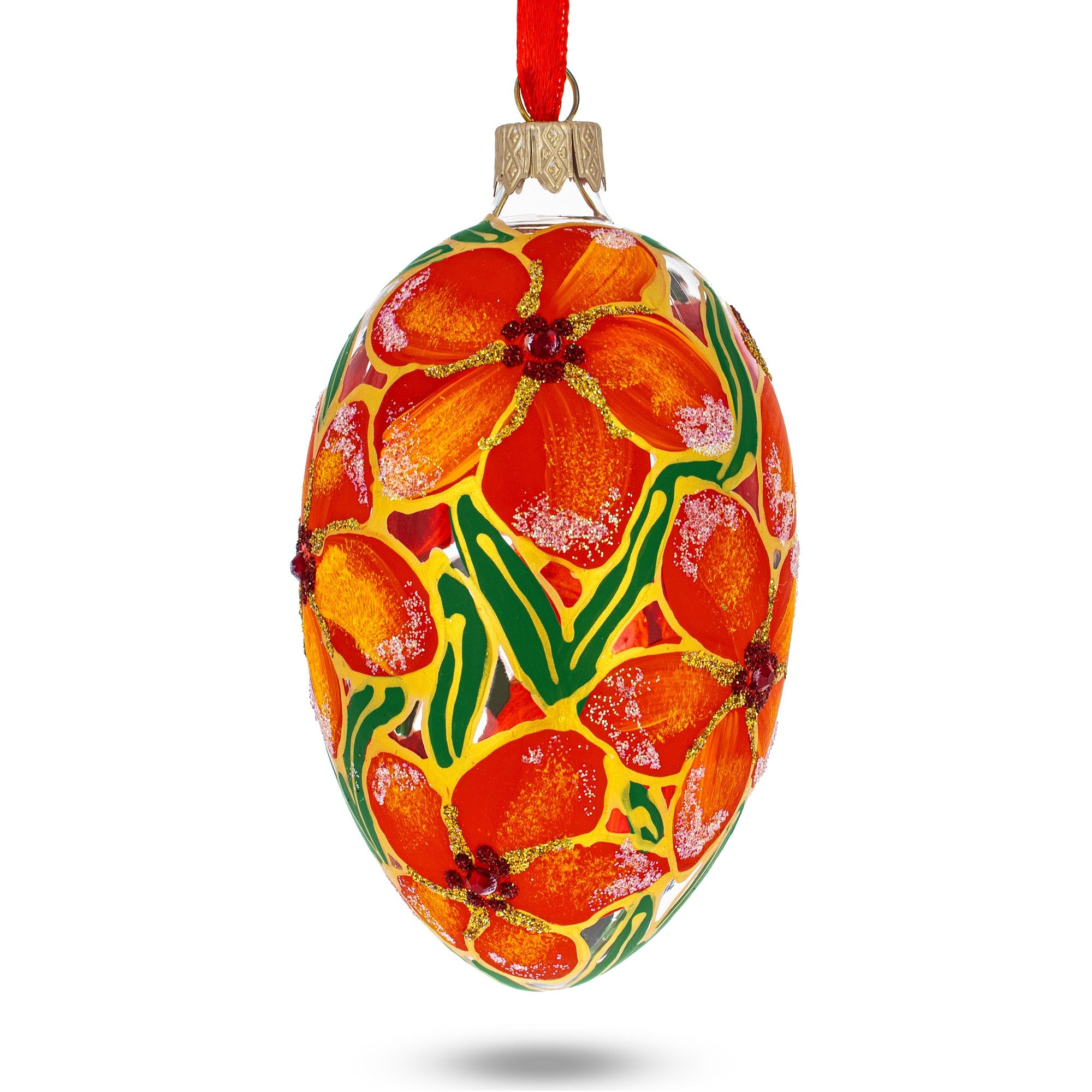 Red Flowers Bouquet Glass Egg Ornament 4 Inches BestPysanky