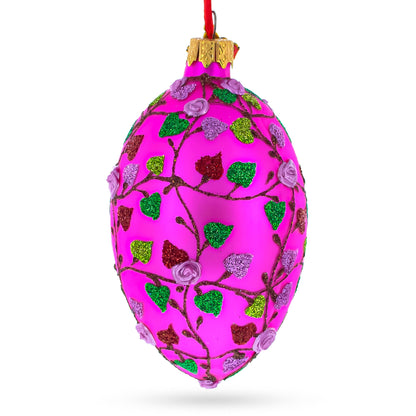 Vibrant Pink Heart Vines with 3D Roses Glass Egg Christmas Ornament 4 Inches