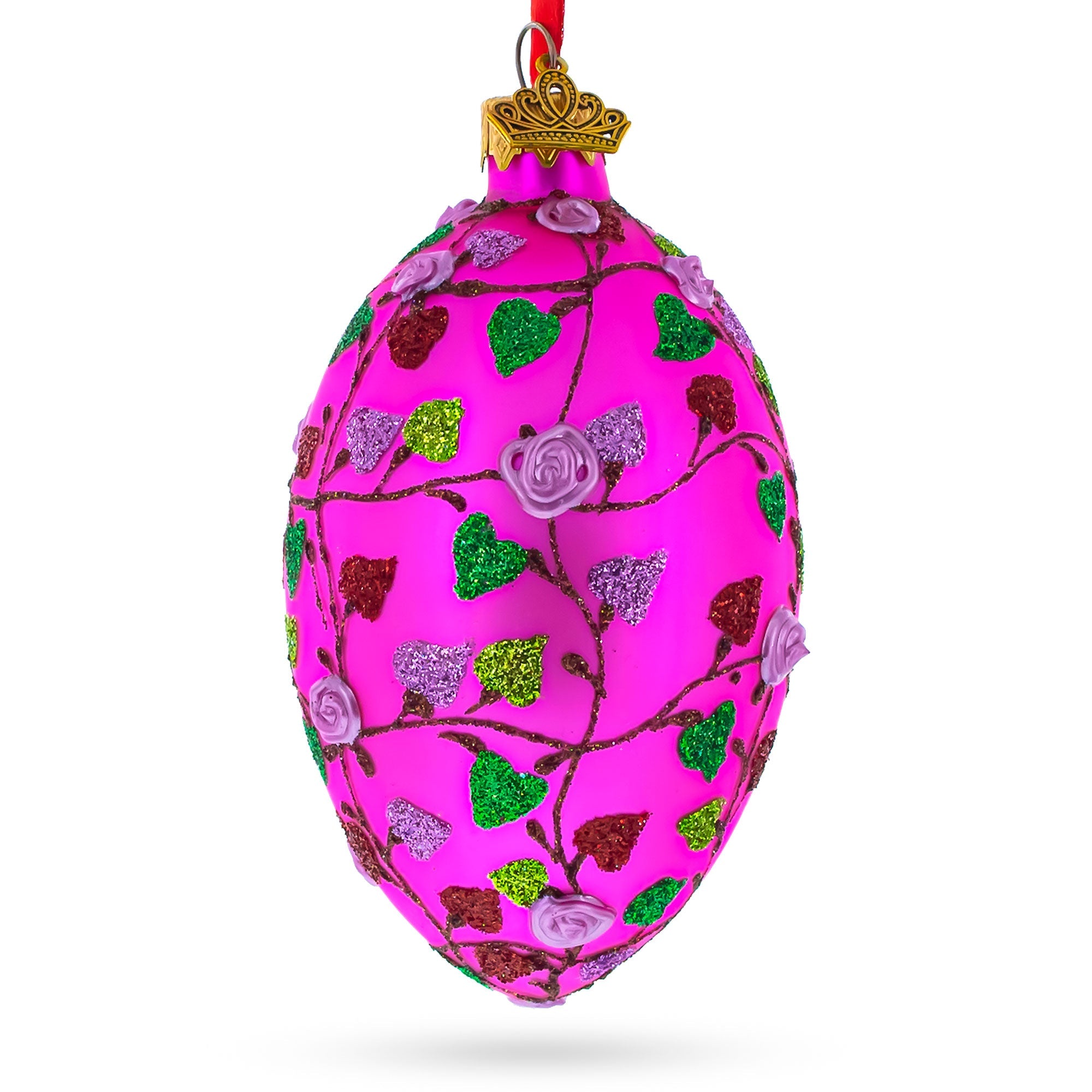Vibrant Pink Heart Vines with 3D Roses Glass Egg Christmas Ornament 4 Inches