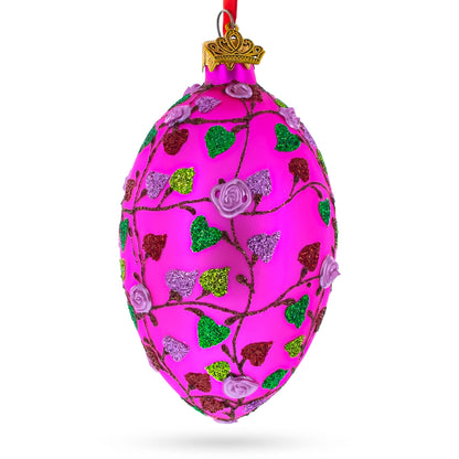 Vibrant Pink Heart Vines with 3D Roses Glass Egg Christmas Ornament 4 Inches