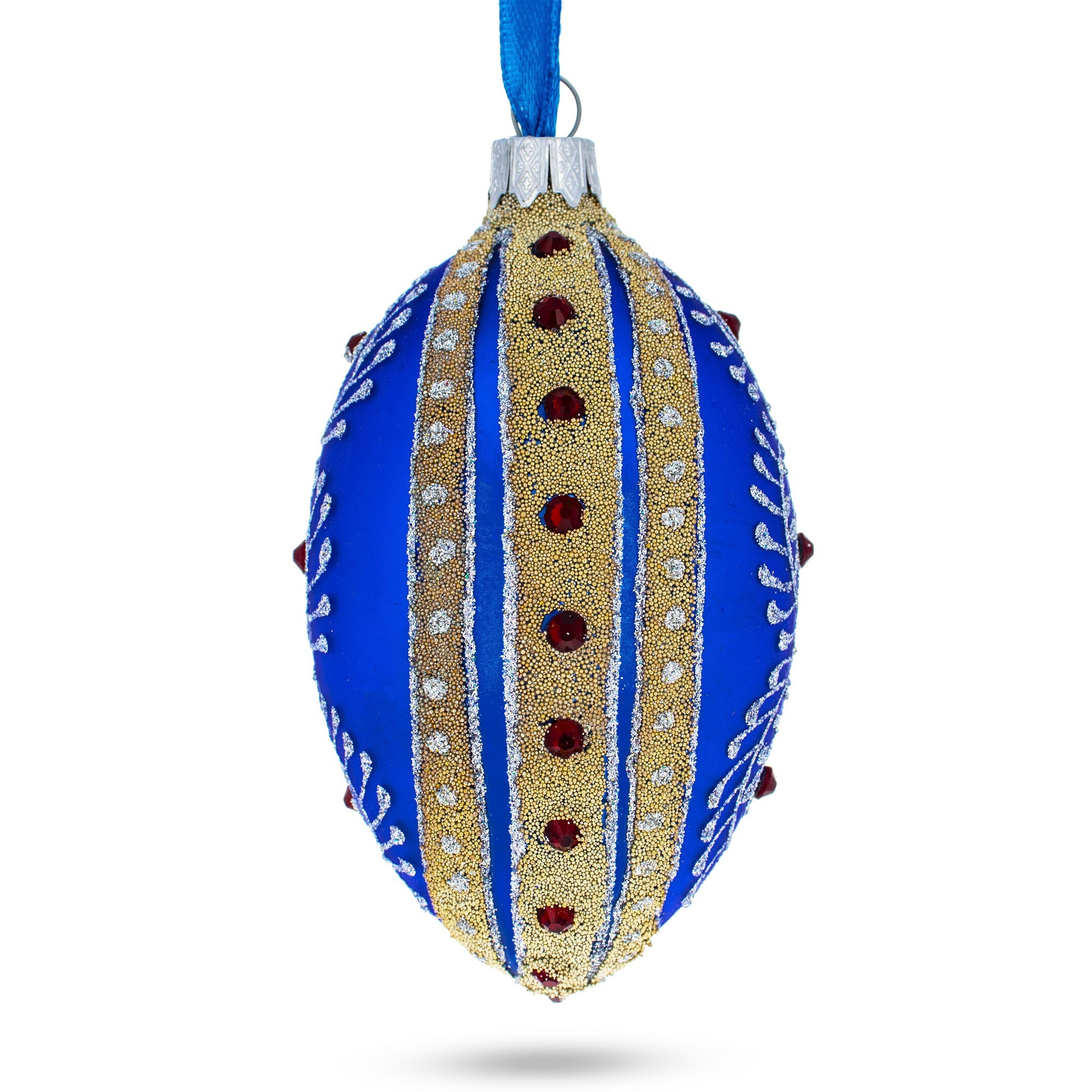 Silver on Blue Jeweled Glass Egg Ornament 4 Inches