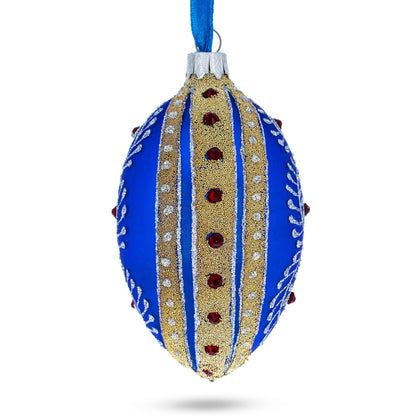 Silver on Blue Jeweled Glass Egg Ornament 4 Inches