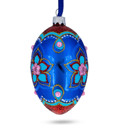 Blue Petals Flower Glass Egg Ornament 4 Inches BestPysanky