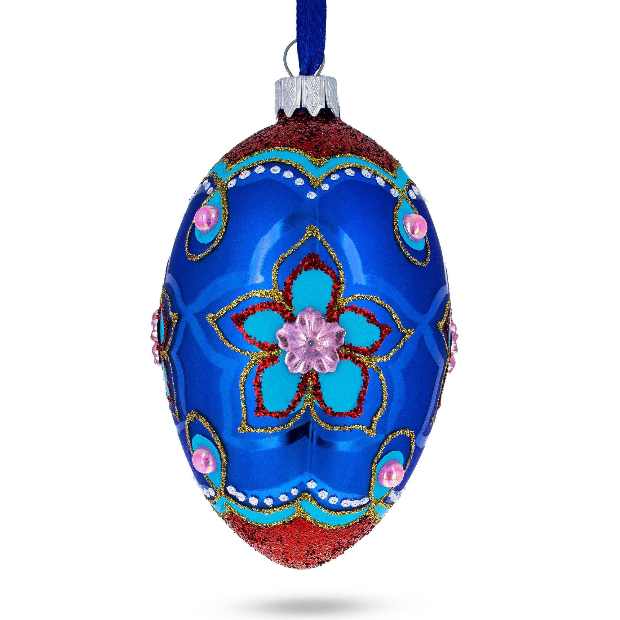 Blue Petals Flower Glass Egg Ornament 4 Inches BestPysanky
