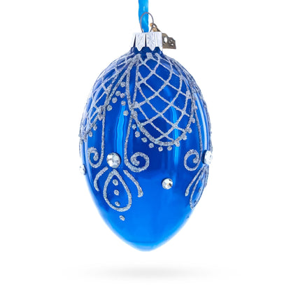 Jeweled Blue Glossy Royal Inspired Glass Egg Ornament 4 Inches