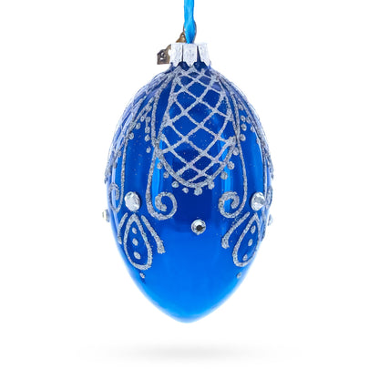 Jeweled Blue Glossy Royal Inspired Glass Egg Ornament 4 Inches