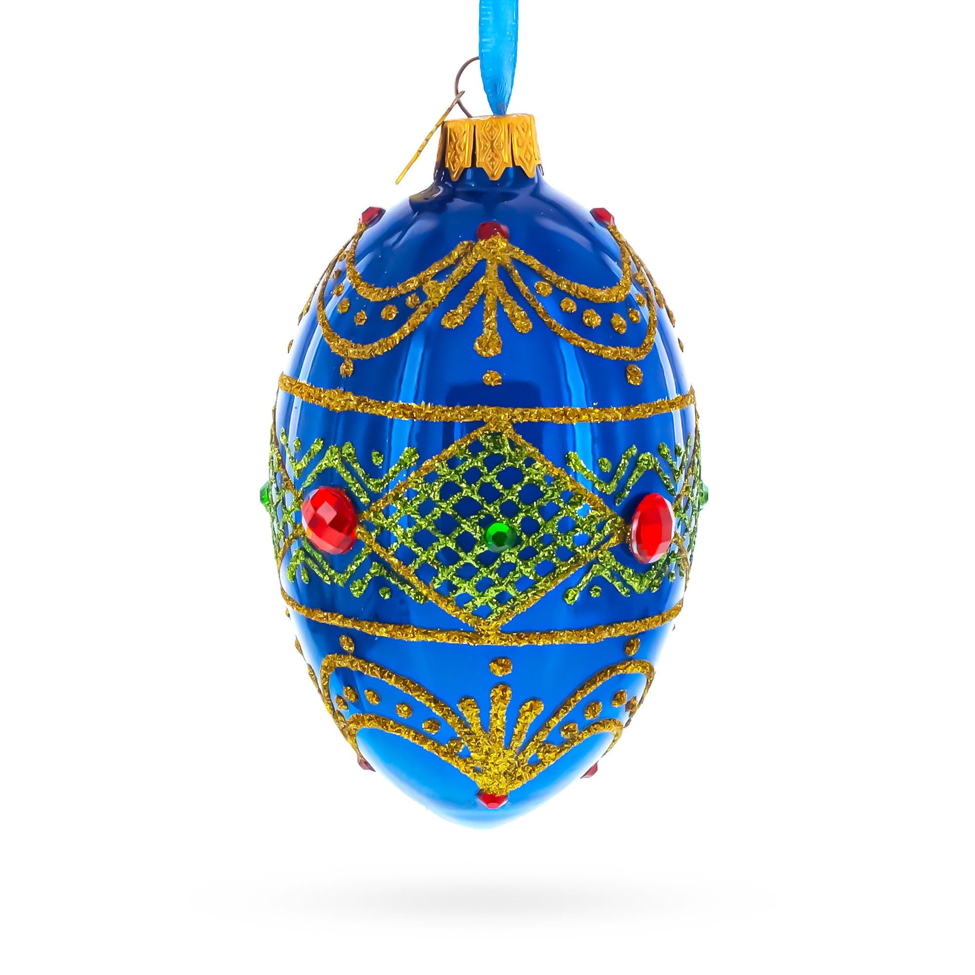 Jeweled Red on Blue Glass Egg Ornament 4 Inches BestPysanky