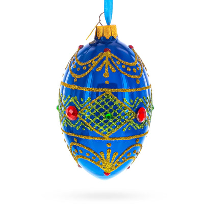 Jeweled Red on Blue Glass Egg Ornament 4 Inches BestPysanky