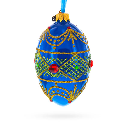 Jeweled Red on Blue Glass Egg Ornament 4 Inches BestPysanky