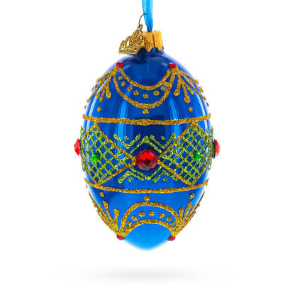 Jeweled Red on Blue Glass Egg Ornament 4 Inches BestPysanky