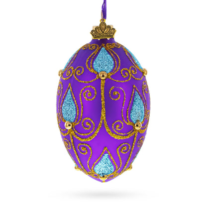 Blue Leaf on Purple Glass Egg Ornament 4 Inches BestPysanky
