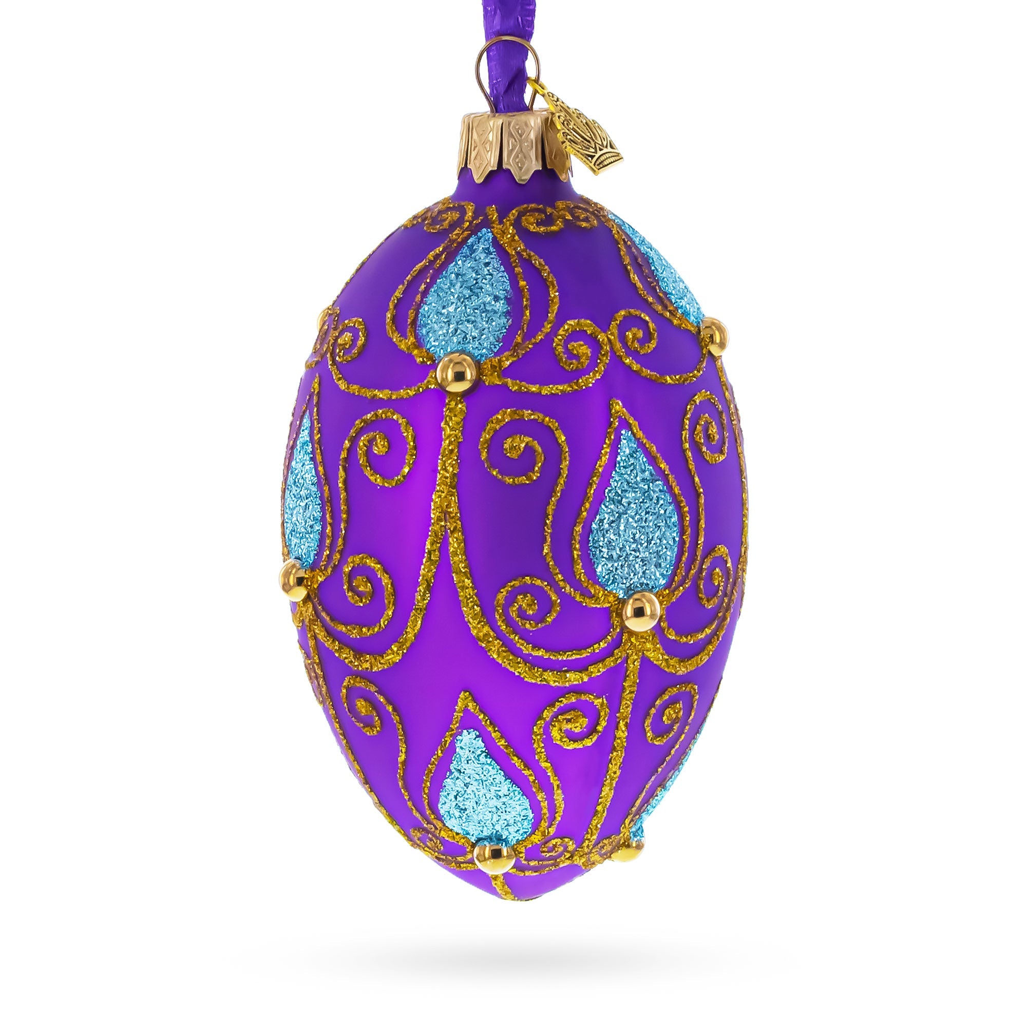 Blue Leaf on Purple Glass Egg Ornament 4 Inches BestPysanky
