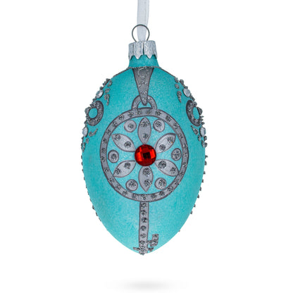 American Art Nouveau Jeweled Key Pendant Glass Egg Christmas Ornament 4 Inches