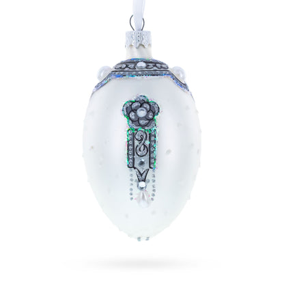 French Couturier Pearls on White Pendant Necklace Glass Egg Christmas Ornament 4 Inches