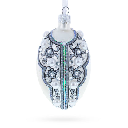 French Couturier Pearls on White Pendant Necklace Glass Egg Christmas Ornament 4 Inches