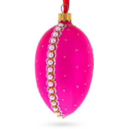 Italian Fashion House Pearl Buckle on Pink Glass Egg Christmas Ornament 4 Inches