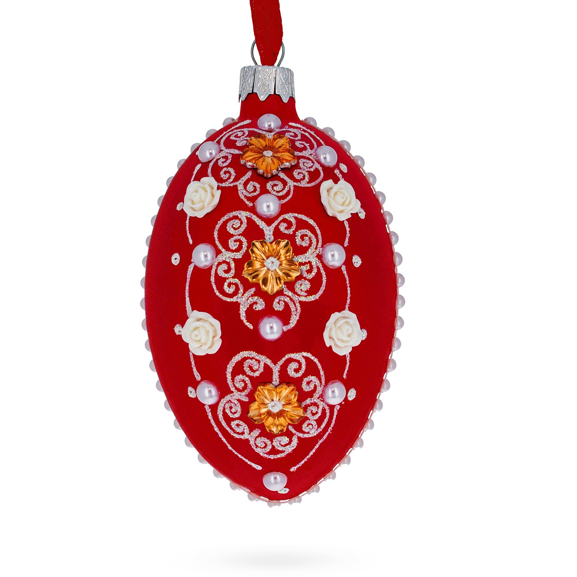 Jeweled Flowers on Red Glass Egg Christmas Ornament 4 Inches