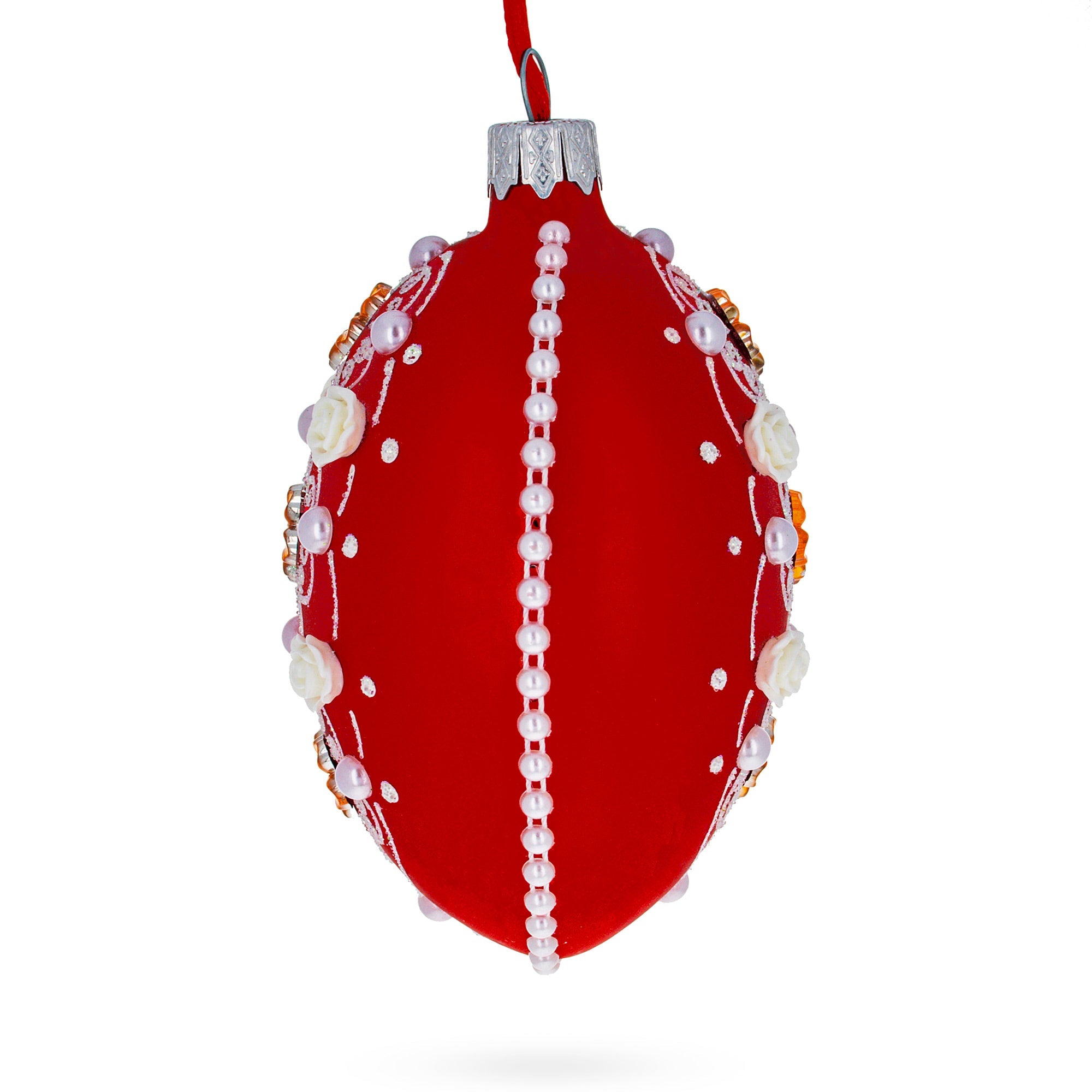 Jeweled Flowers on Red Glass Egg Christmas Ornament 4 Inches