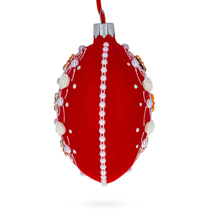 Jeweled Flowers on Red Glass Egg Christmas Ornament 4 Inches