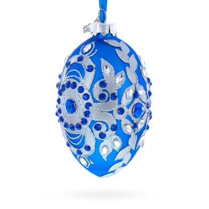 Silver on Blue Glass Egg Christmas Ornament 4 Inches BestPysanky