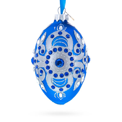 Silver on Blue Glass Egg Christmas Ornament 4 Inches BestPysanky