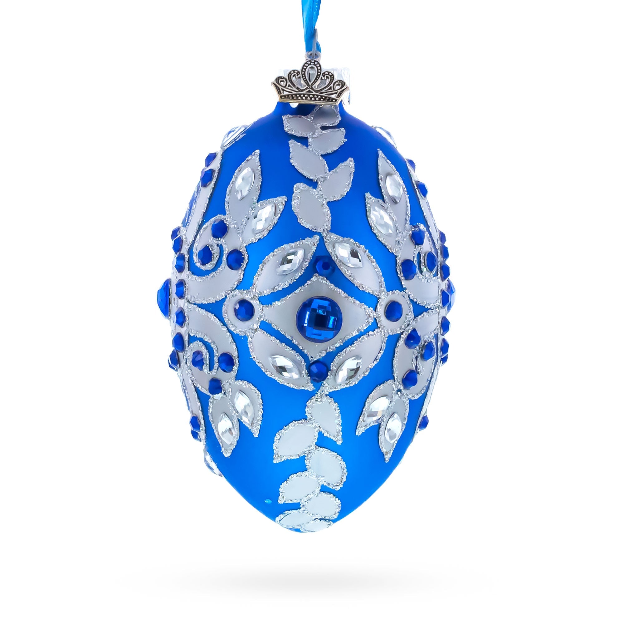 Silver on Blue Glass Egg Christmas Ornament 4 Inches BestPysanky