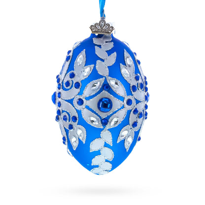 Silver on Blue Glass Egg Christmas Ornament 4 Inches BestPysanky