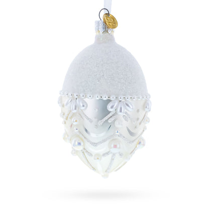 White Pearls on Frozen Glass Egg Christmas Ornament 4 Inches